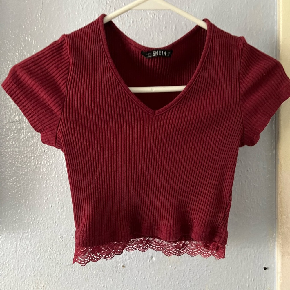 maroon V-neck crop top with lace trim